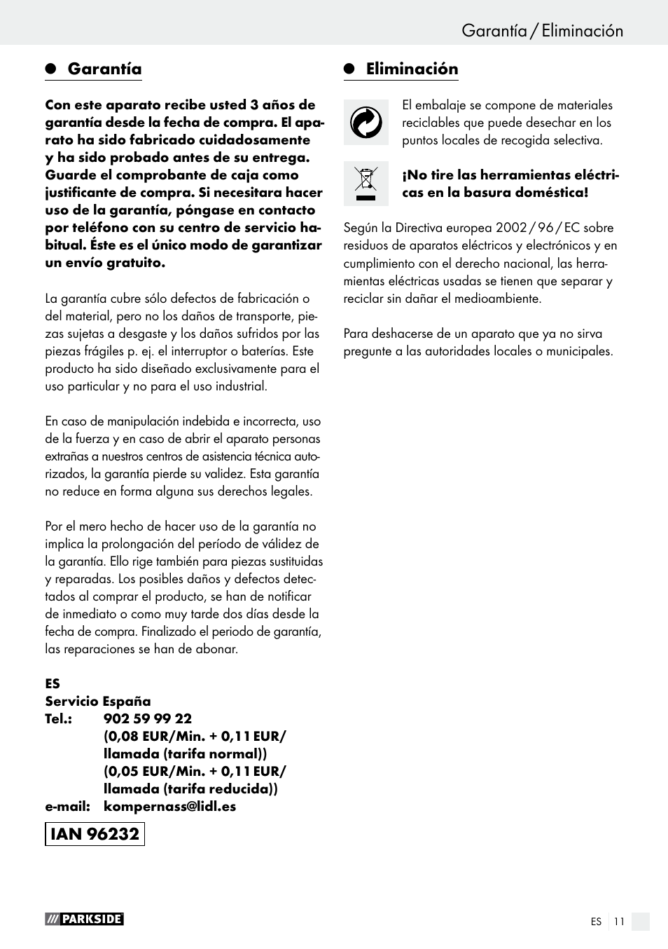 Garantía, Eliminación | Parkside PHLG 2000 B1 User Manual | Page 11 / 44