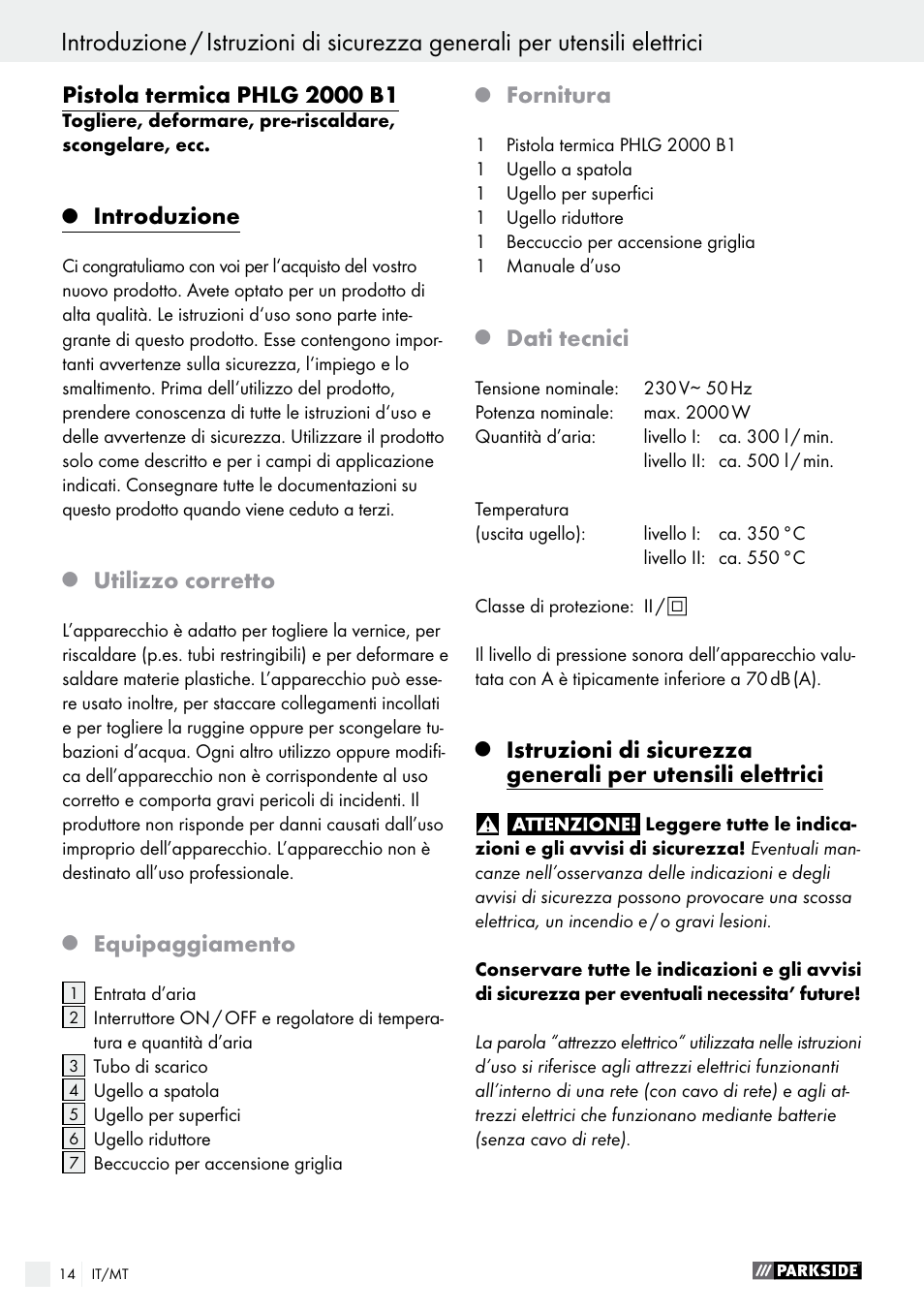 Introduzione, Utilizzo corretto, Equipaggiamento | Fornitura, Dati tecnici | Parkside PHLG 2000 B1 User Manual | Page 14 / 44