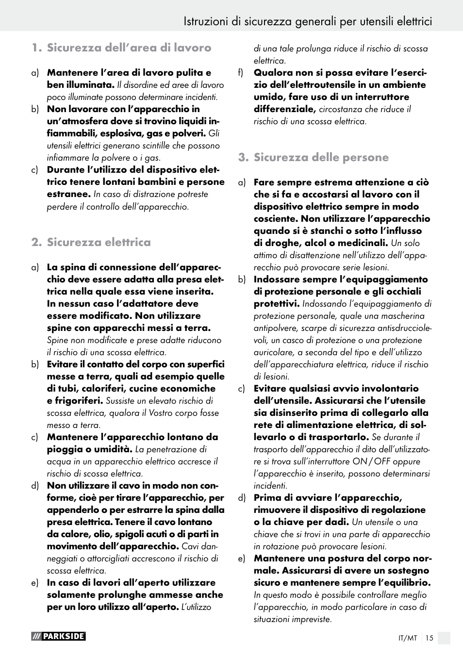 Sicurezza dell’area di lavoro, Sicurezza elettrica, Sicurezza delle persone | Parkside PHLG 2000 B1 User Manual | Page 15 / 44