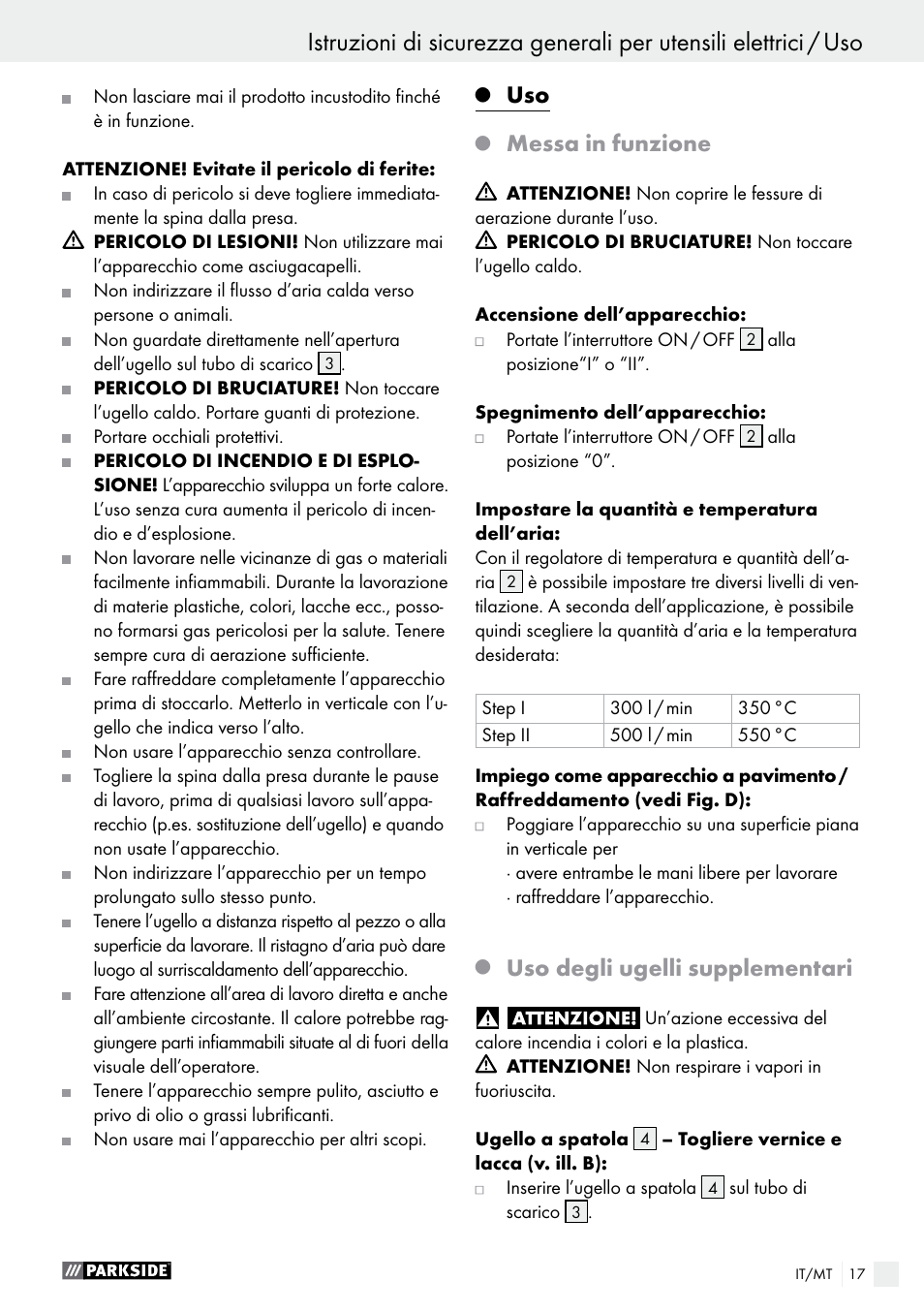 Messa in funzione, Uso degli ugelli supplementari | Parkside PHLG 2000 B1 User Manual | Page 17 / 44
