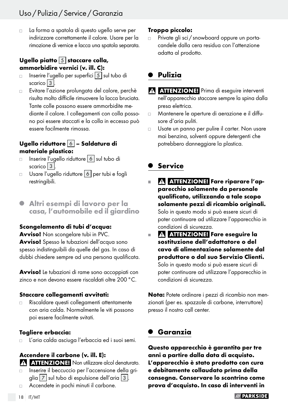 Pulizia, Service, Garanzia | Parkside PHLG 2000 B1 User Manual | Page 18 / 44