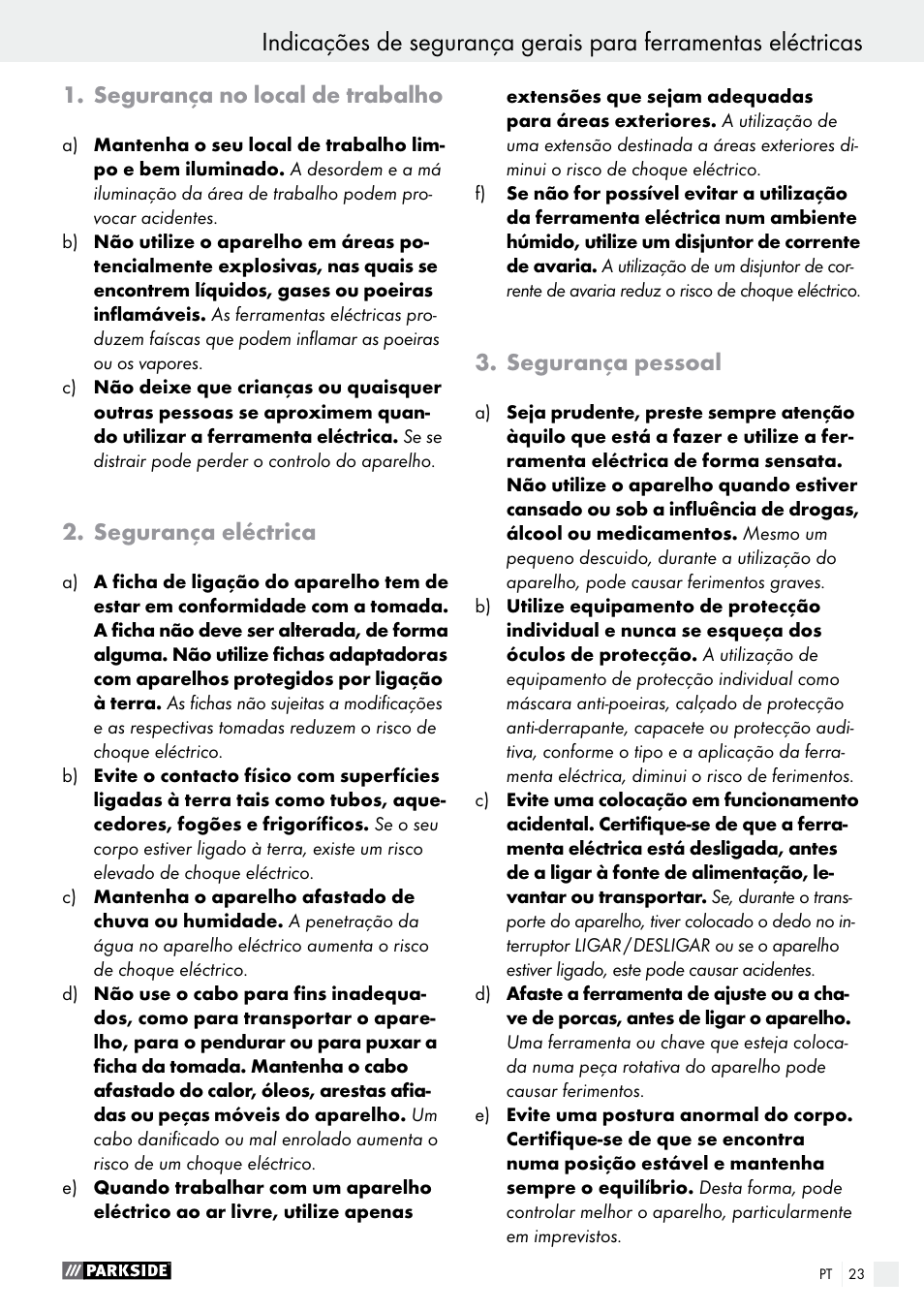 Segurança no local de trabalho, Segurança eléctrica, Segurança pessoal | Parkside PHLG 2000 B1 User Manual | Page 23 / 44