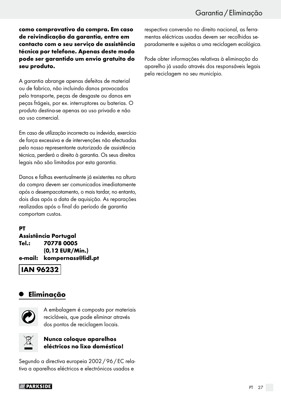 Garantia / eliminação, Funcionamento / limpeza / assistência / garantia, Eliminação | Parkside PHLG 2000 B1 User Manual | Page 27 / 44