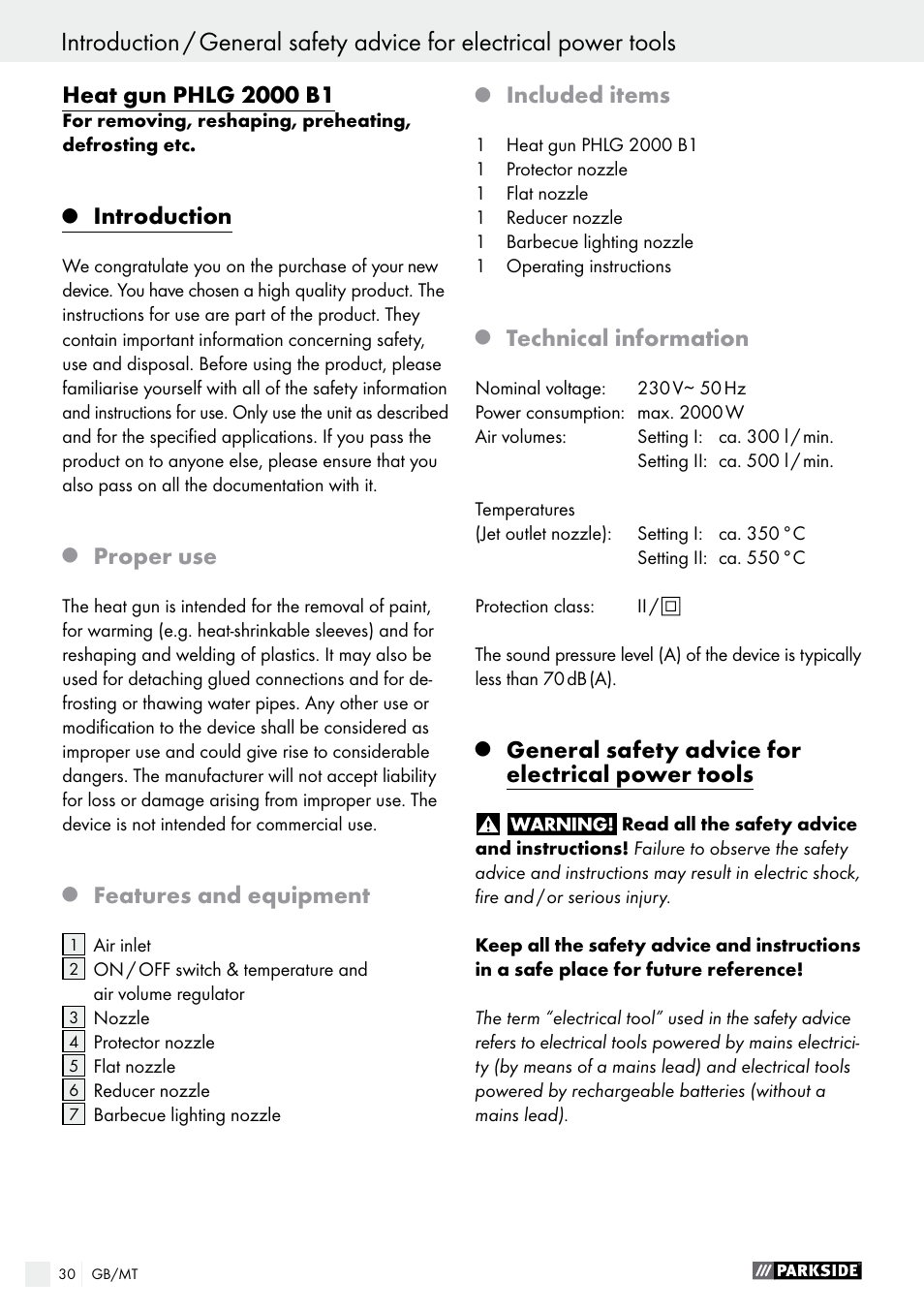 Introduction, Proper use, Features and equipment | Included items, Technical information, General safety advice for electrical power tools | Parkside PHLG 2000 B1 User Manual | Page 30 / 44