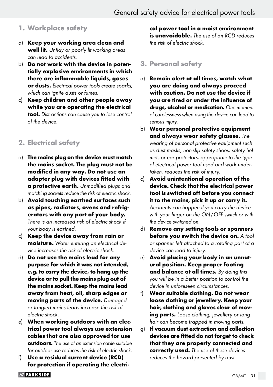 General safety advice for electrical power tools, Workplace safety, Electrical safety | Personal safety | Parkside PHLG 2000 B1 User Manual | Page 31 / 44