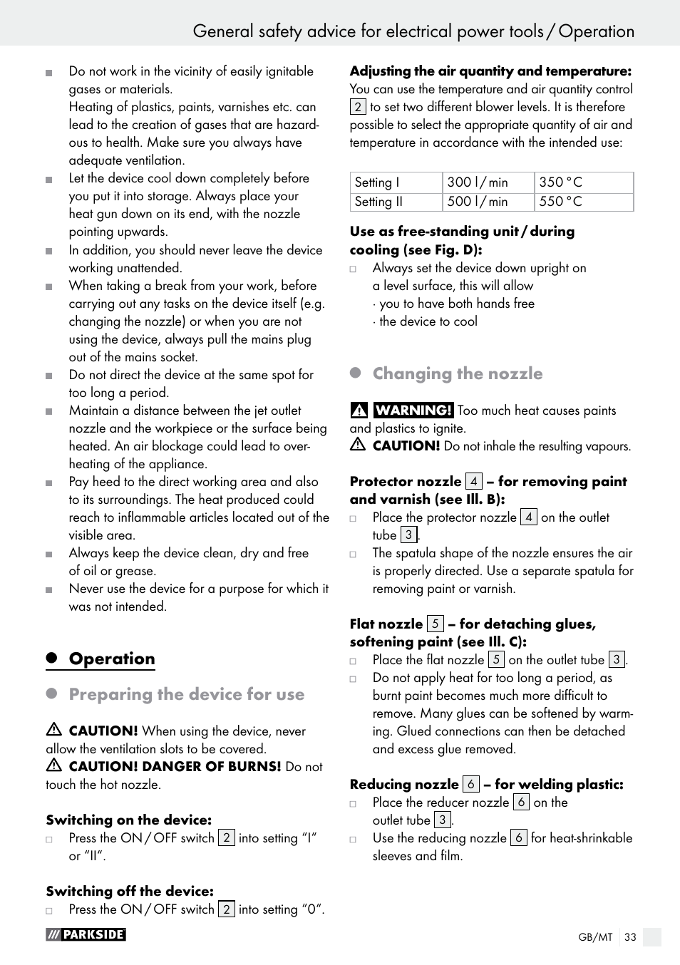 Operation, Preparing the device for use, Changing the nozzle | Parkside PHLG 2000 B1 User Manual | Page 33 / 44