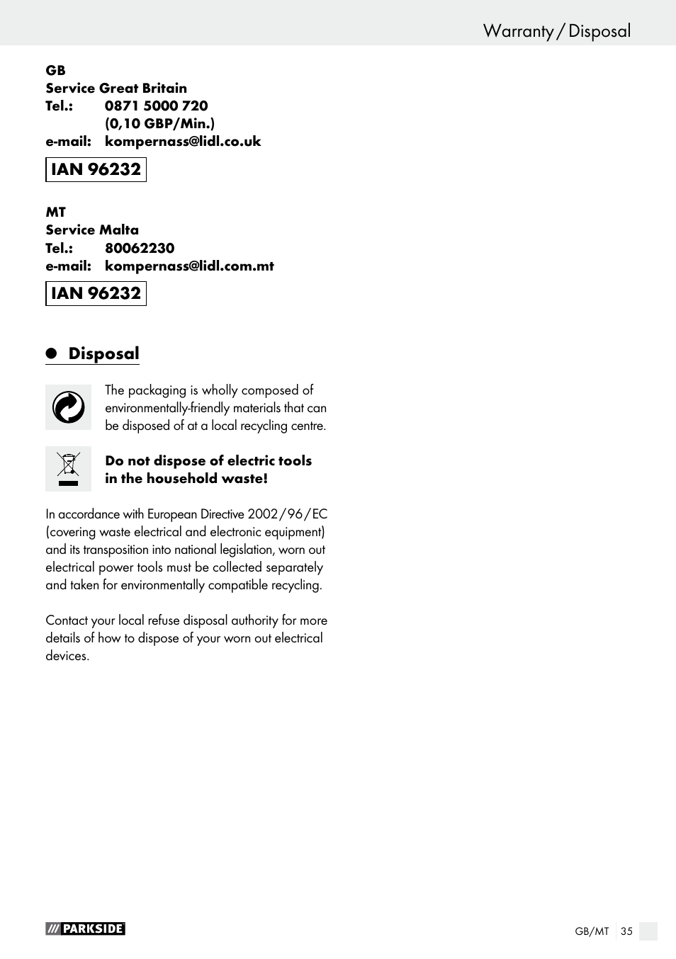 Parkside PHLG 2000 B1 User Manual | Page 35 / 44