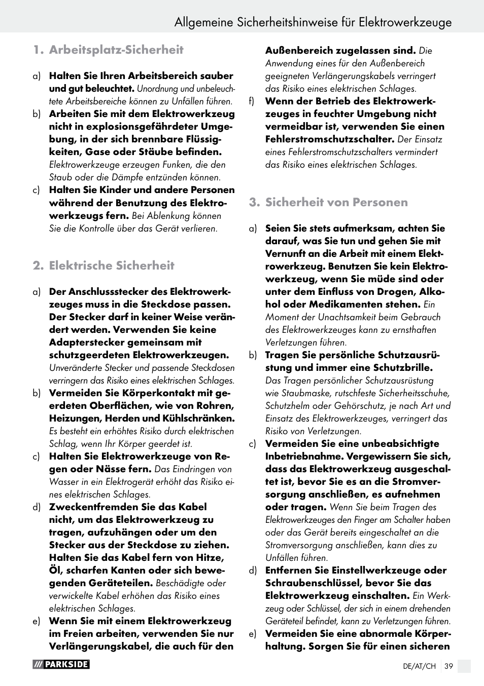 Arbeitsplatz-sicherheit, Elektrische sicherheit, Sicherheit von personen | Parkside PHLG 2000 B1 User Manual | Page 39 / 44