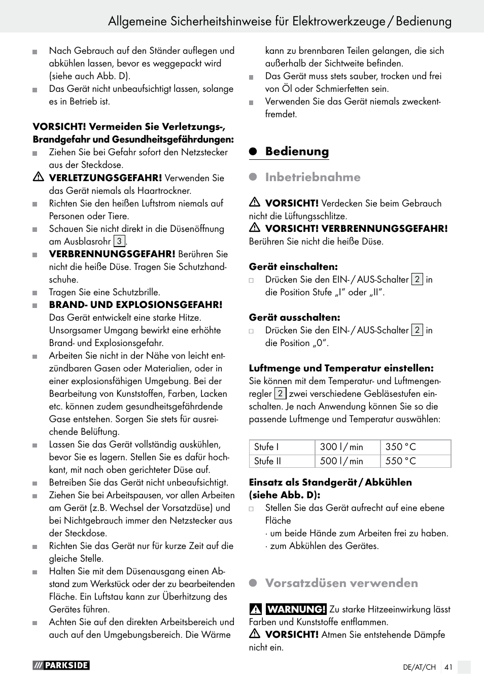 Bedienung inbetriebnahme, Vorsatzdüsen verwenden | Parkside PHLG 2000 B1 User Manual | Page 41 / 44