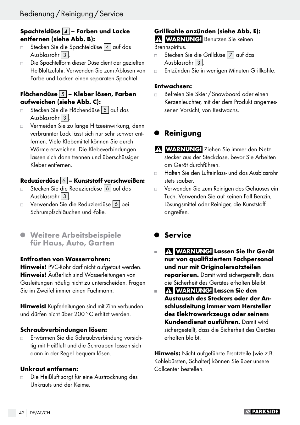 Weitere arbeitsbeispiele für haus, auto, garten, Reinigung, Service | Parkside PHLG 2000 B1 User Manual | Page 42 / 44