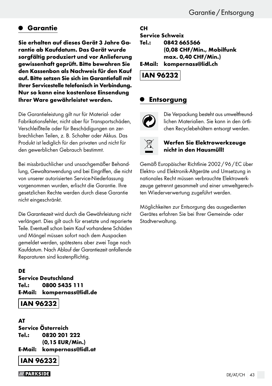 Parkside PHLG 2000 B1 User Manual | Page 43 / 44