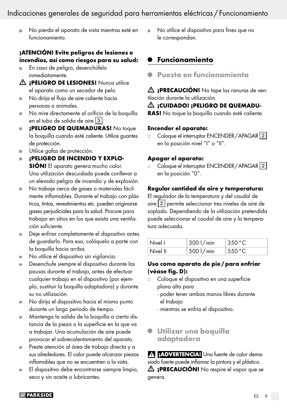 Funcionamiento, Puesta en funcionamiento, Utilizar una boquilla adaptadora | Parkside PHLG 2000 B1 User Manual | Page 9 / 44