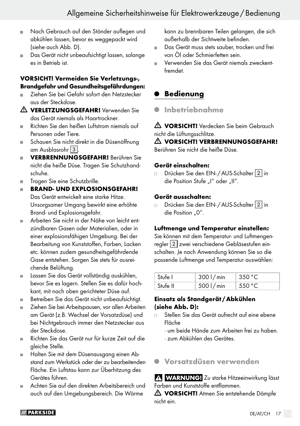 Bedienung inbetriebnahme, Vorsatzdüsen verwenden | Parkside PHLG 2000 B1 User Manual | Page 17 / 28