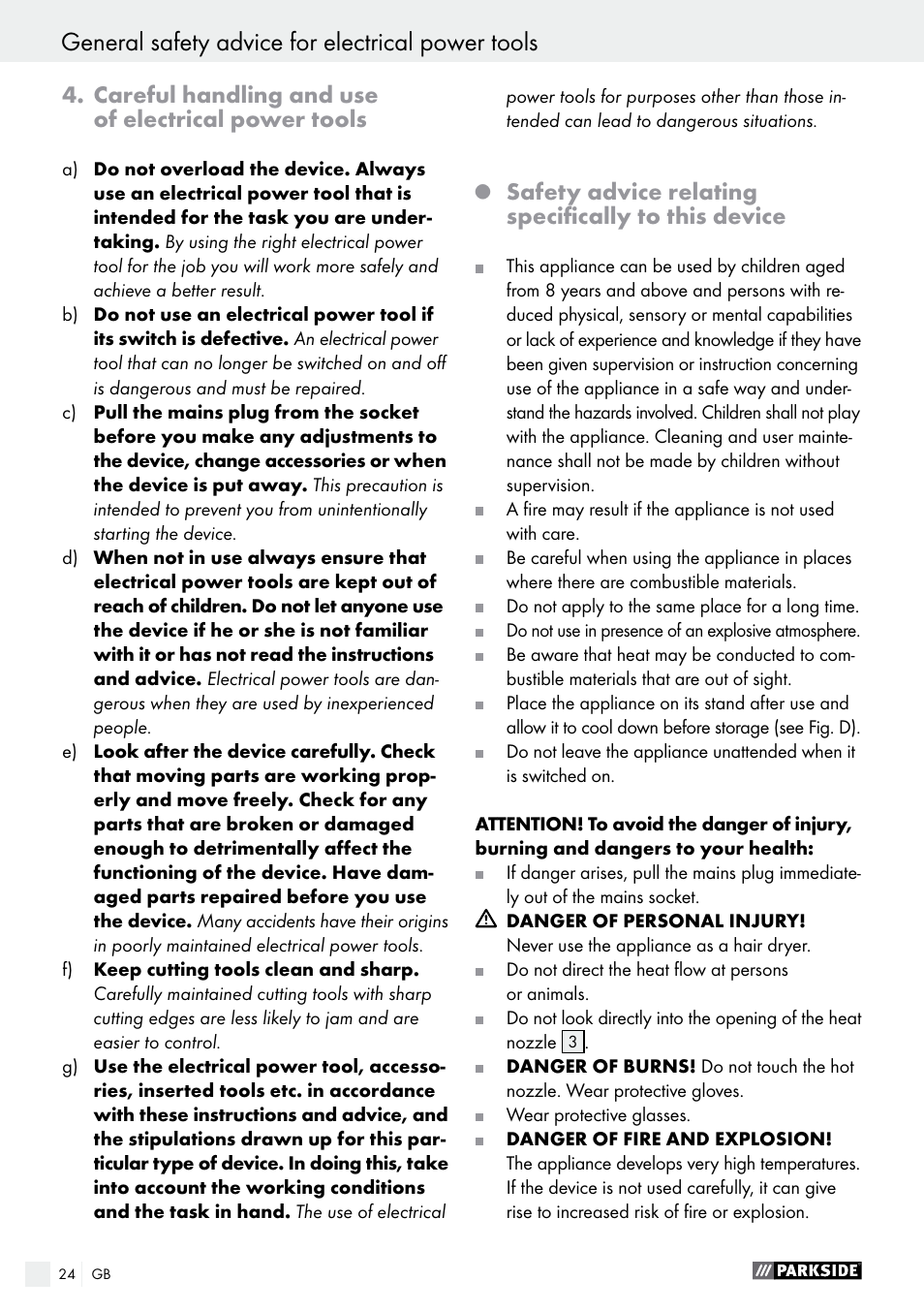 Careful handling and use of electrical power tools, Safety advice relating specifically to this device | Parkside PHLG 2000 B1 User Manual | Page 24 / 28