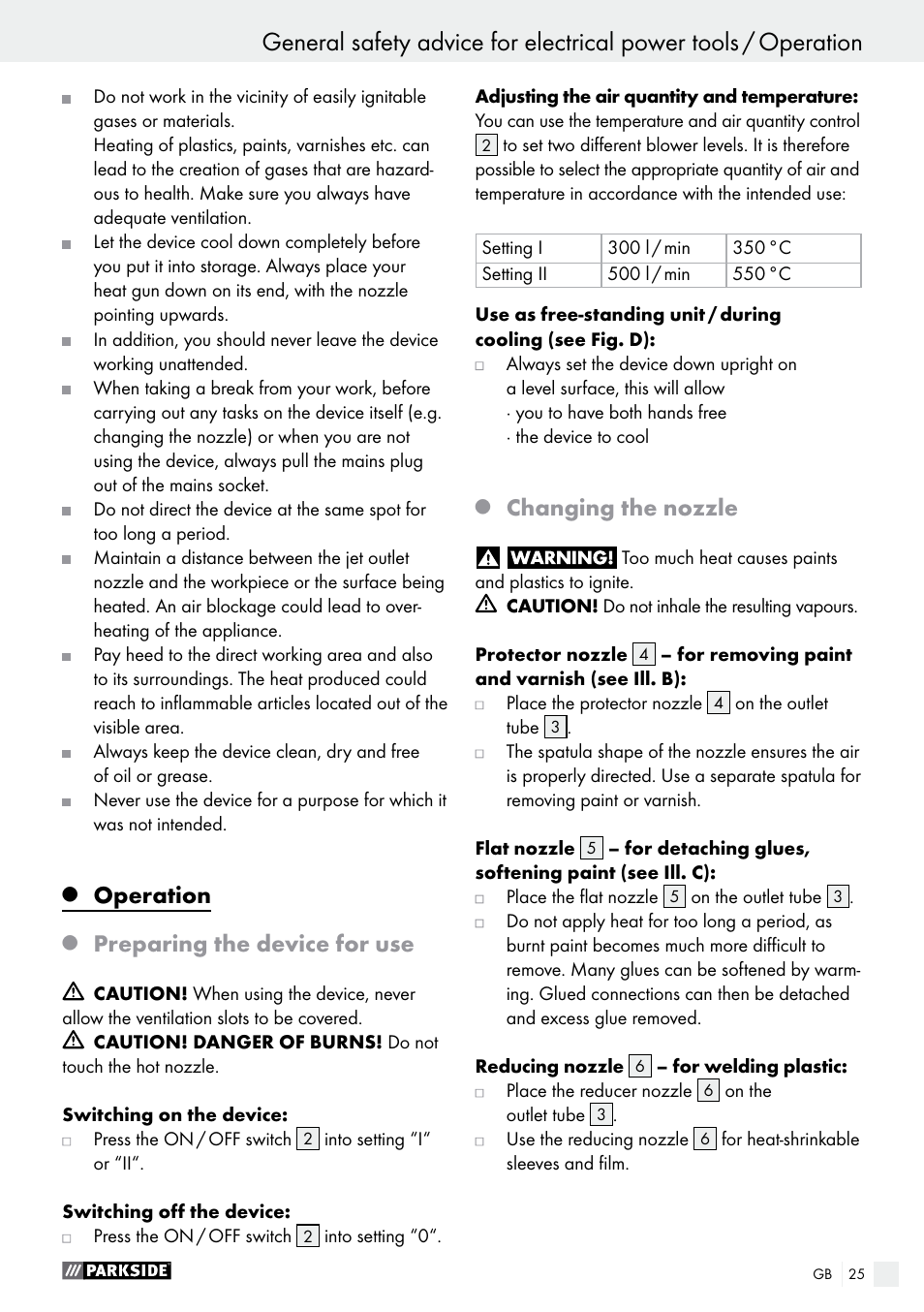 Operation, Preparing the device for use, Changing the nozzle | Parkside PHLG 2000 B1 User Manual | Page 25 / 28