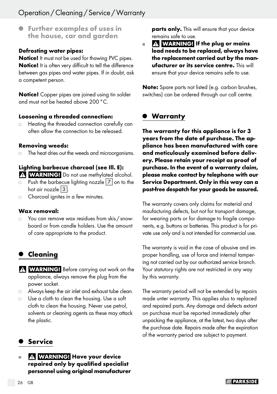 Cleaning, Service, Warranty | Parkside PHLG 2000 B1 User Manual | Page 26 / 28