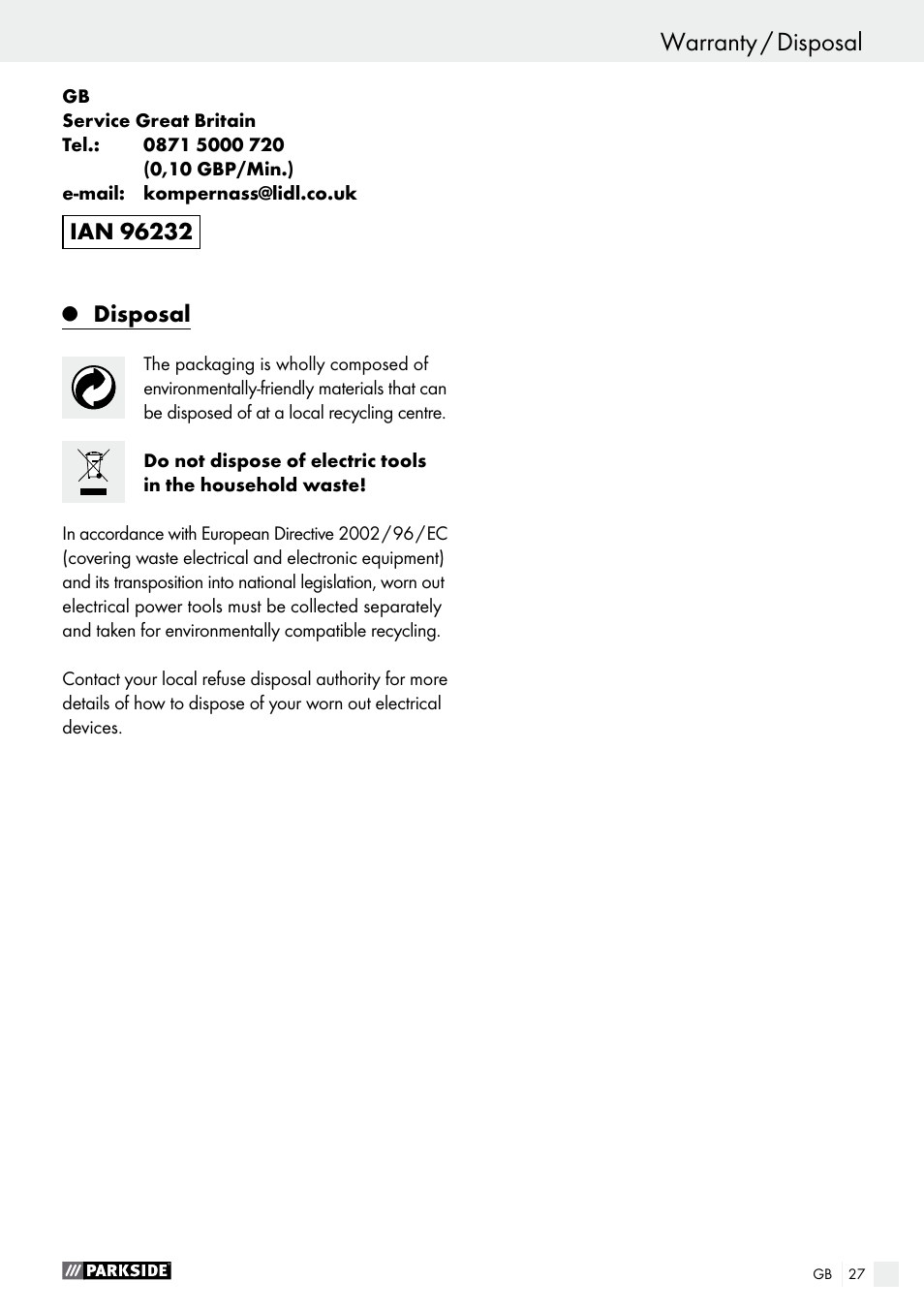 Disposal | Parkside PHLG 2000 B1 User Manual | Page 27 / 28