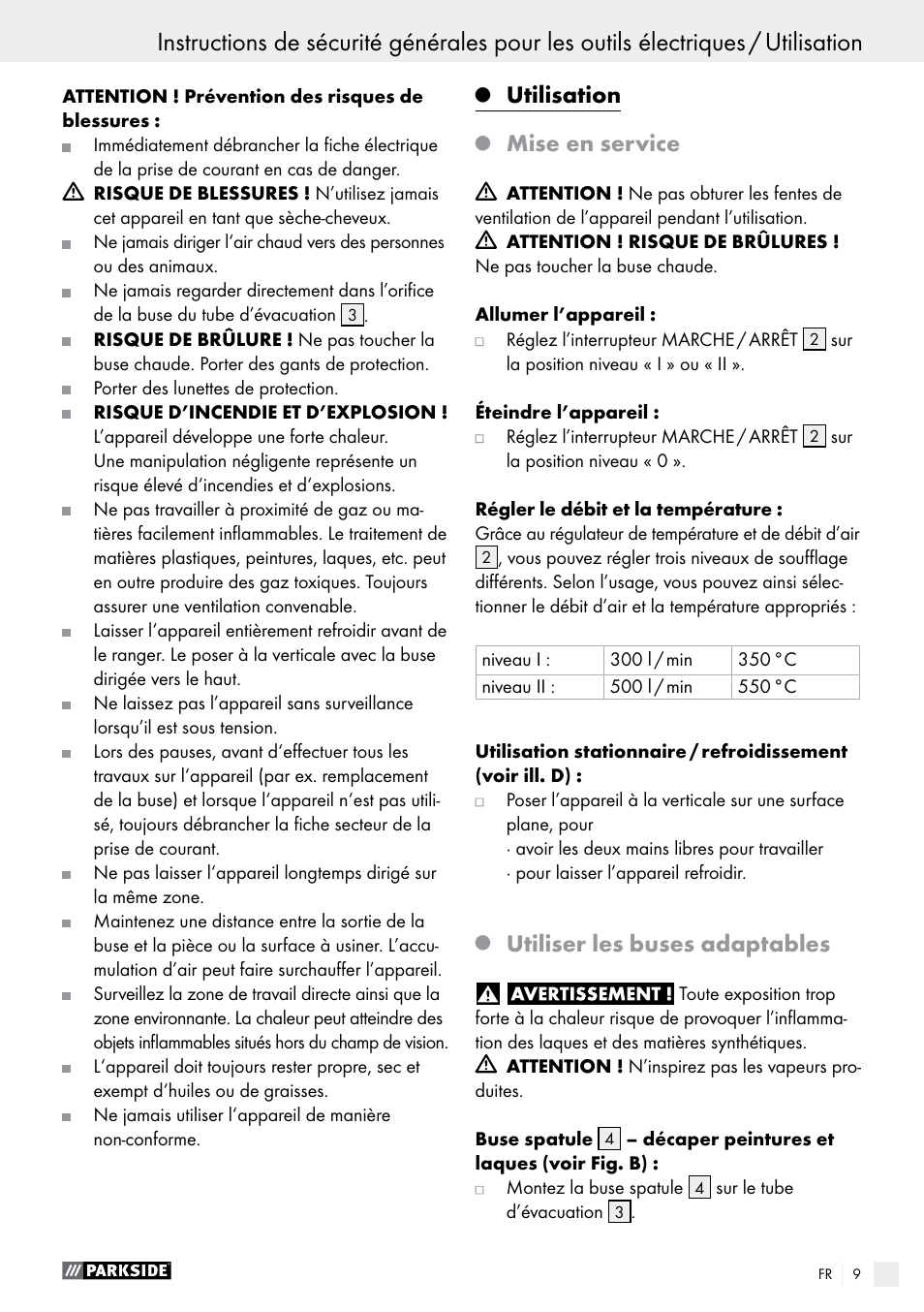 Utilisation, Mise en service, Utiliser les buses adaptables | Parkside PHLG 2000 B1 User Manual | Page 9 / 28