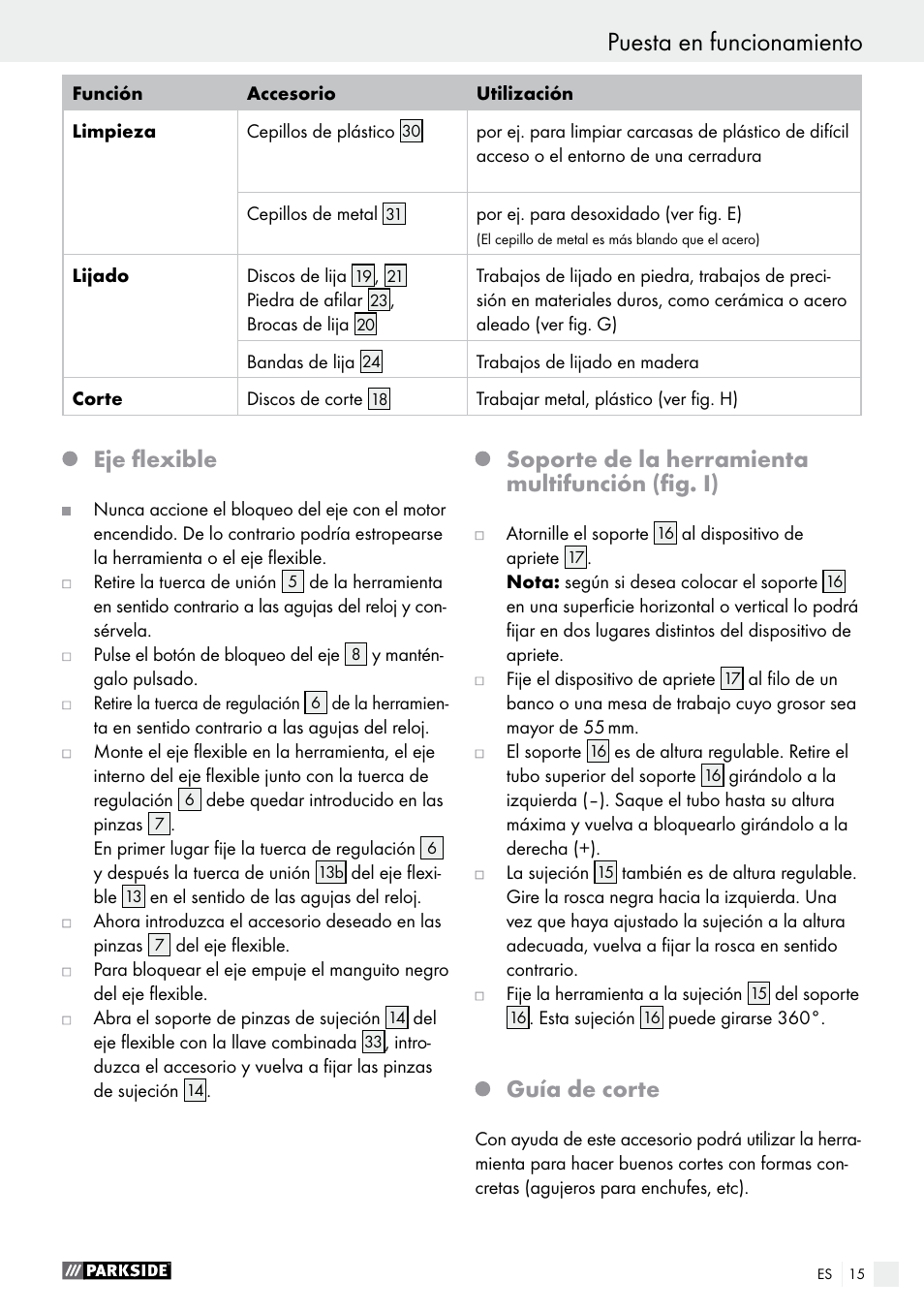 Puesta en funcionamiento, Eje flexible, Soporte de la herramienta multifunción (fig. i) | Guía de corte | Parkside PFBS 160 A1 User Manual | Page 15 / 58