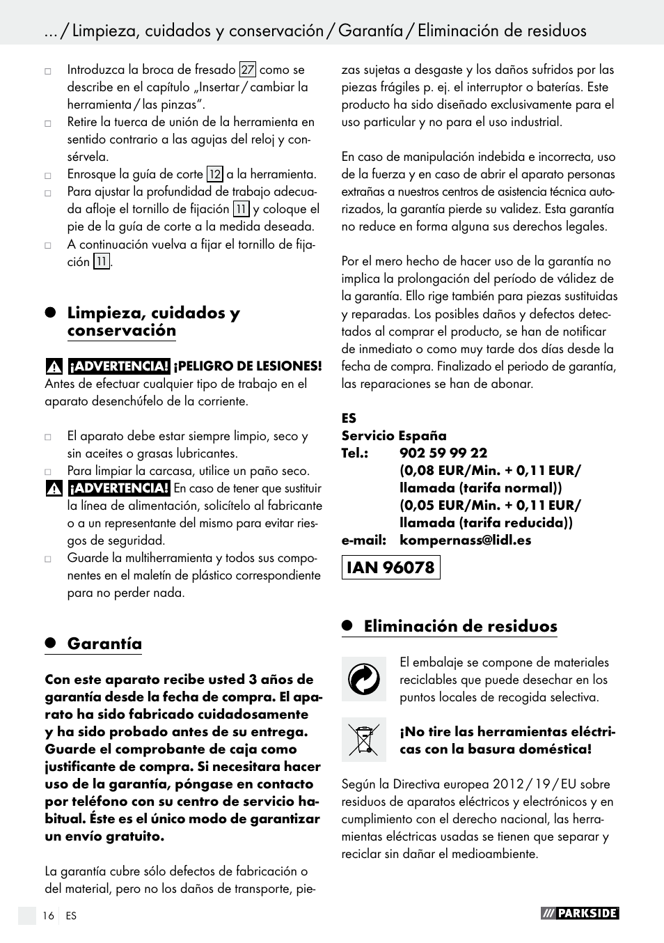Limpieza, cuidados y conservación, Garantía, Eliminación de residuos | Parkside PFBS 160 A1 User Manual | Page 16 / 58