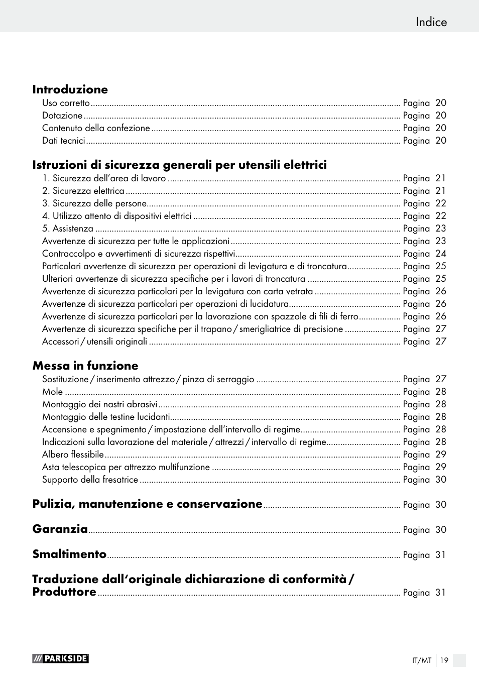 Indice | Parkside PFBS 160 A1 User Manual | Page 19 / 58