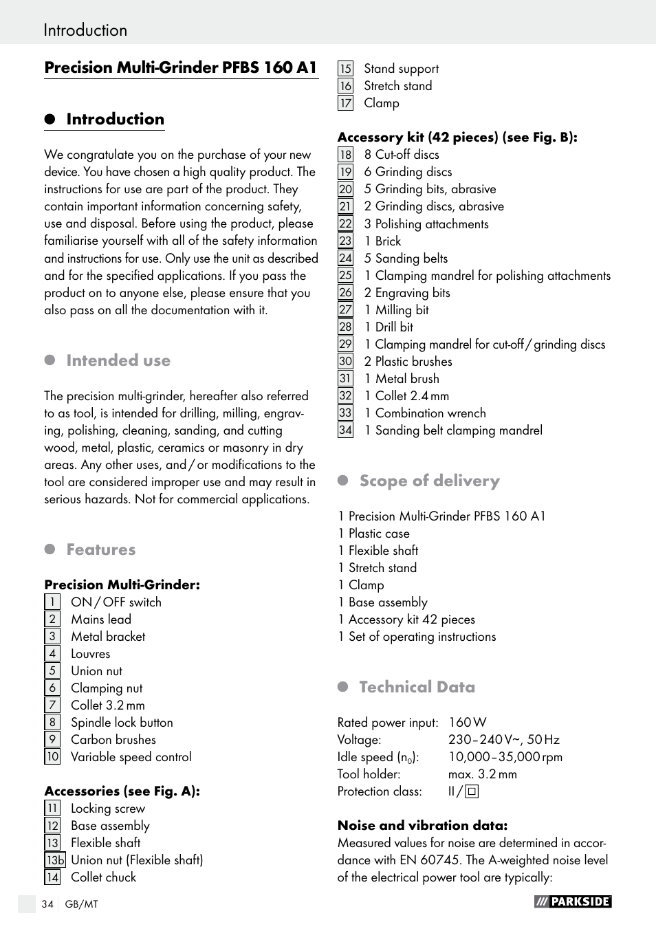 Introduction, Introduction / general power tool safety warnings, Precision multi-grinder pfbs 160 a1 | Intended use, Features, Scope of delivery, Technical data | Parkside PFBS 160 A1 User Manual | Page 34 / 58