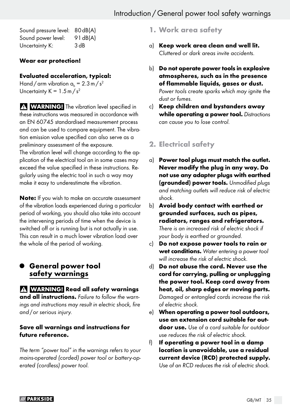 General power tool safety warnings, Work area safety, Electrical safety | Parkside PFBS 160 A1 User Manual | Page 35 / 58