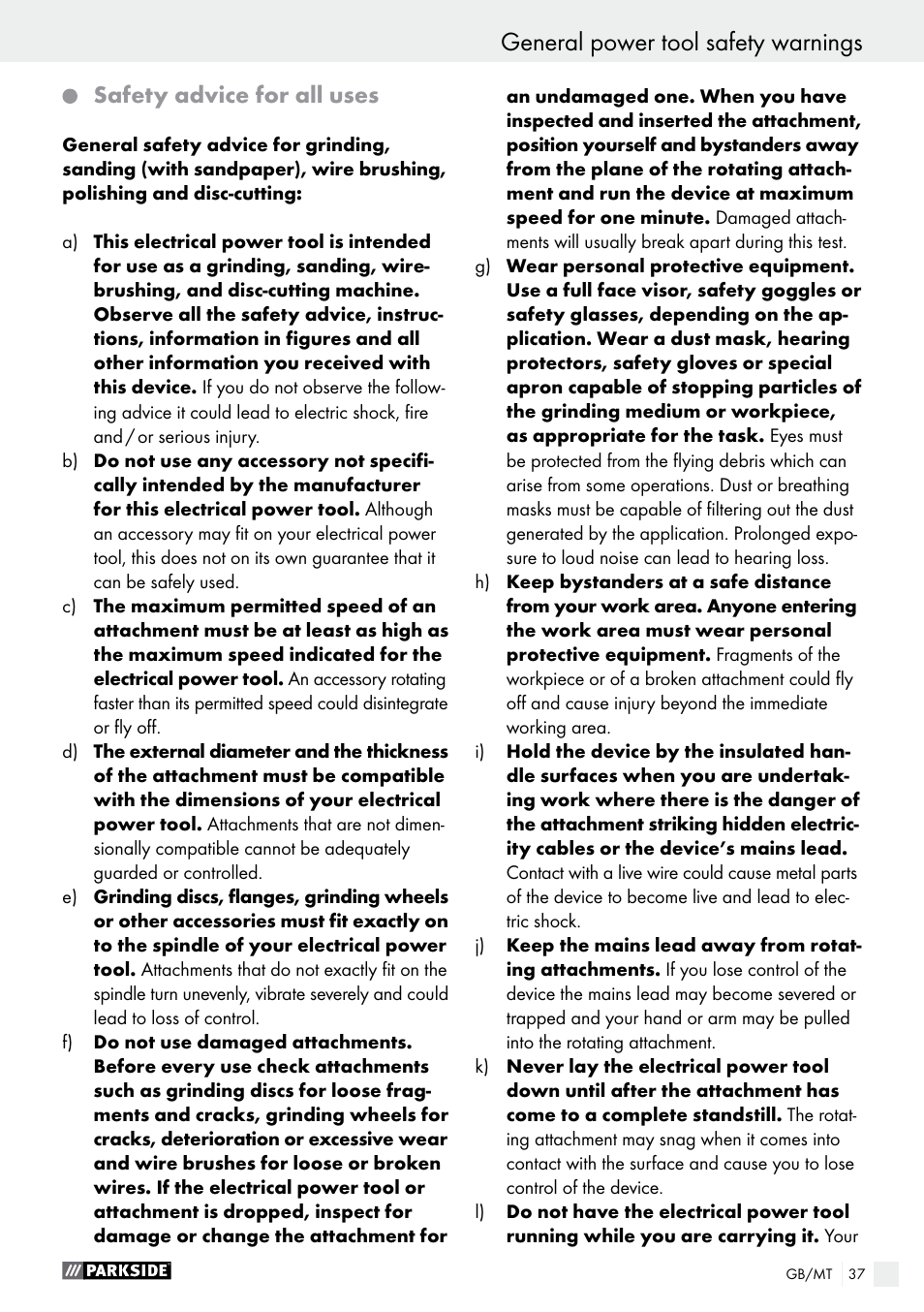 General power tool safety warnings, Safety advice for all uses | Parkside PFBS 160 A1 User Manual | Page 37 / 58