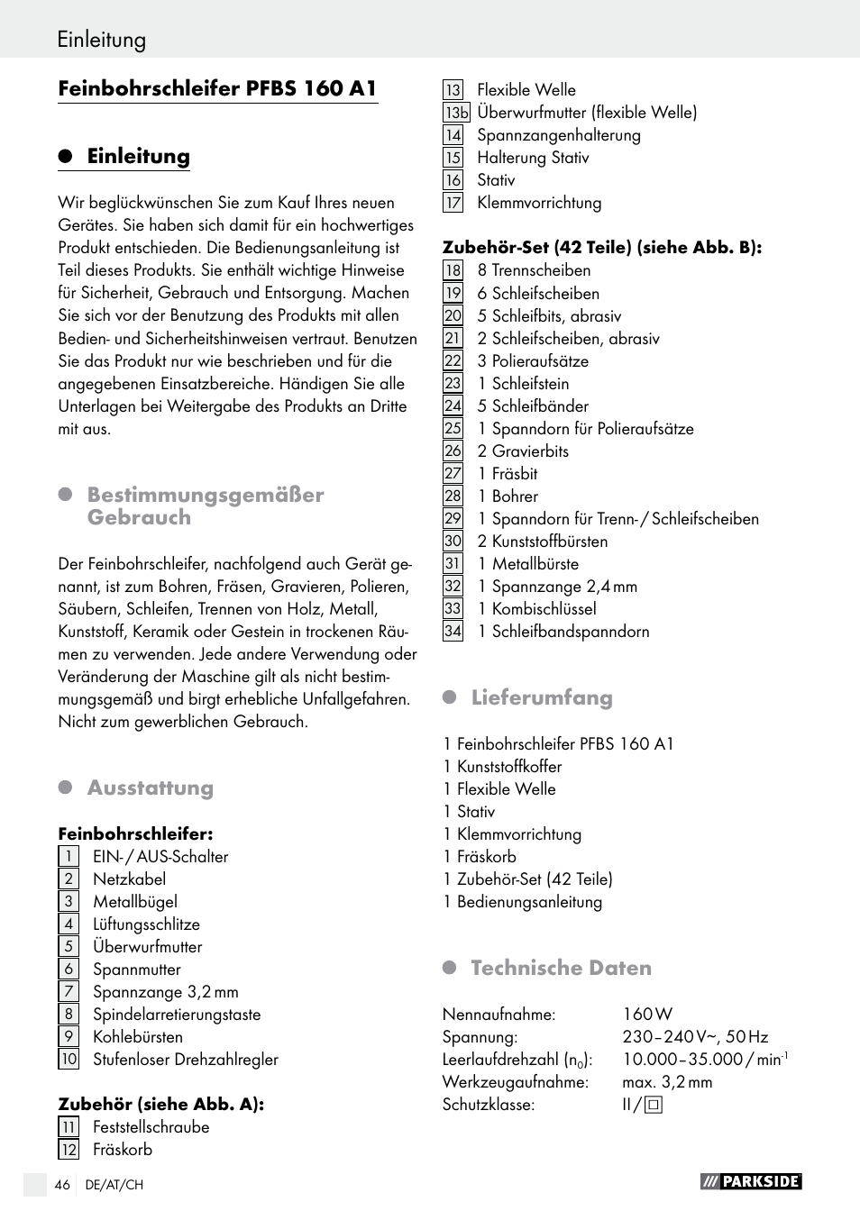 Einleitung, Feinbohrschleifer pfbs 160 a1, Bestimmungsgemäßer gebrauch | Ausstattung, Lieferumfang, Technische daten | Parkside PFBS 160 A1 User Manual | Page 46 / 58