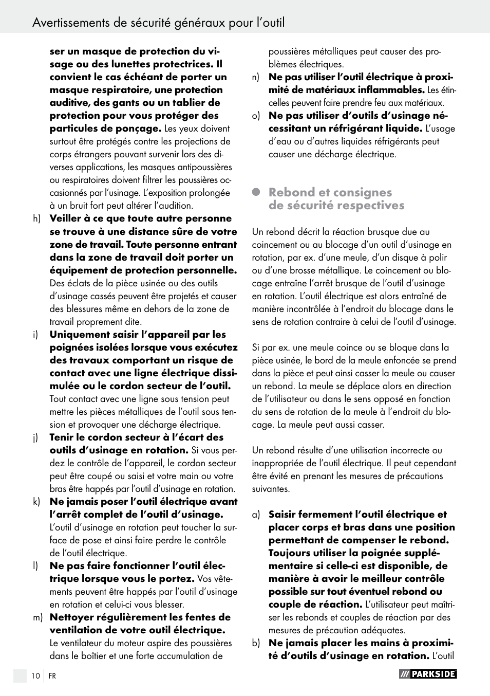 Avertissements de sécurité généraux pour l’outil, Rebond et consignes de sécurité respectives | Parkside PFBS 160 A1 User Manual | Page 10 / 45