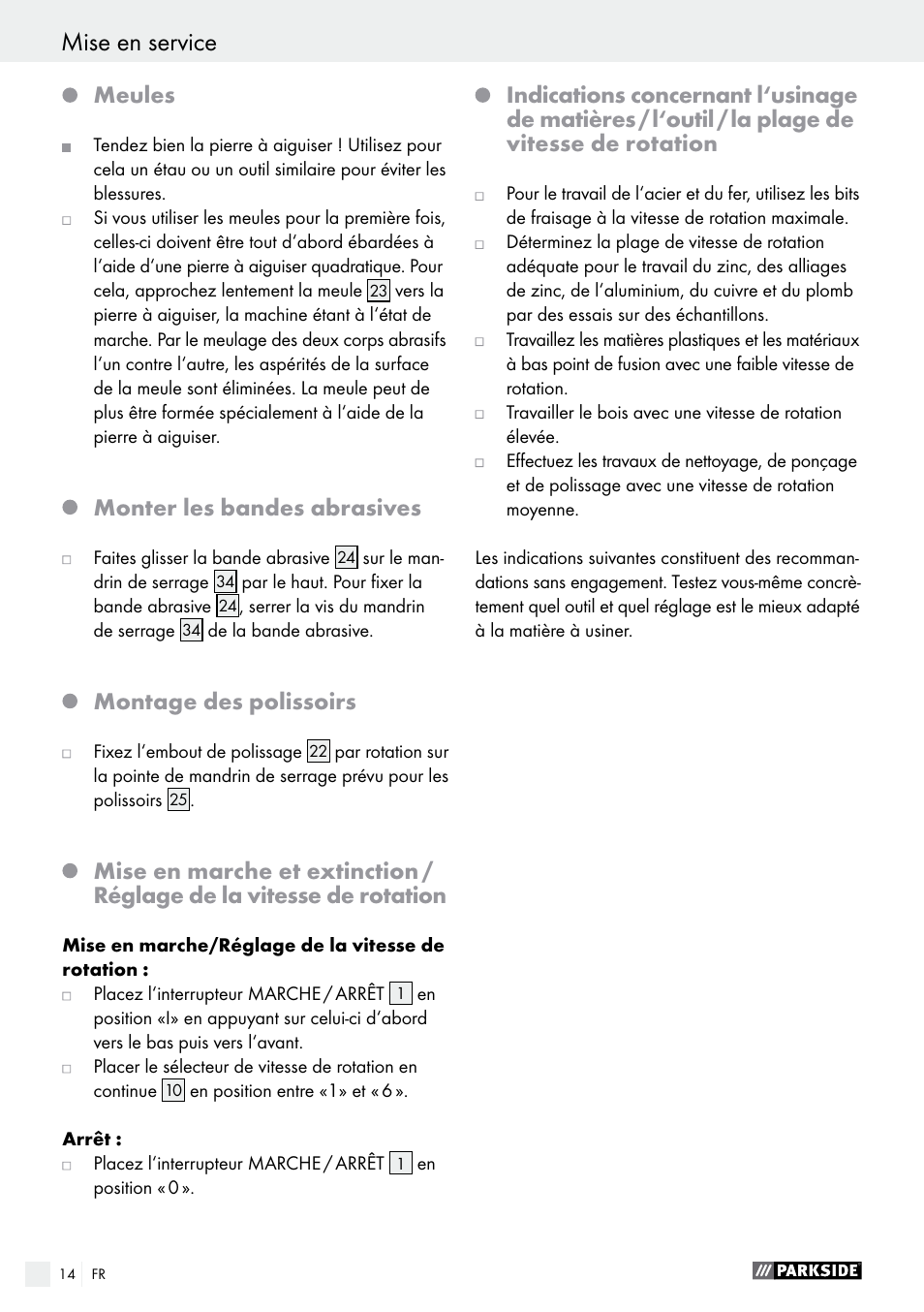 Mise en service, Meules, Monter les bandes abrasives | Montage des polissoirs | Parkside PFBS 160 A1 User Manual | Page 14 / 45