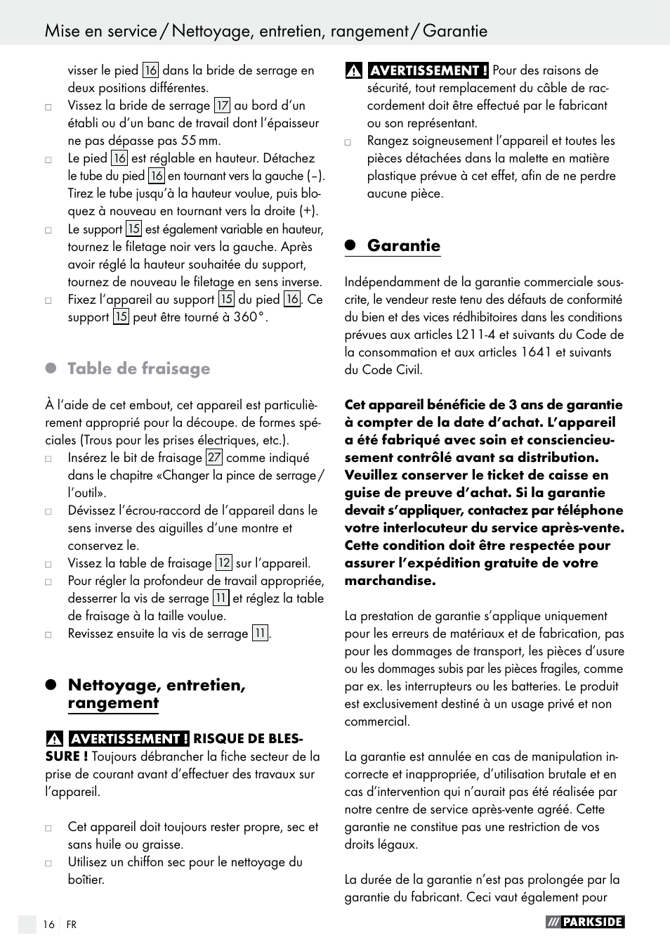Table de fraisage, Nettoyage, entretien, rangement, Garantie | Parkside PFBS 160 A1 User Manual | Page 16 / 45