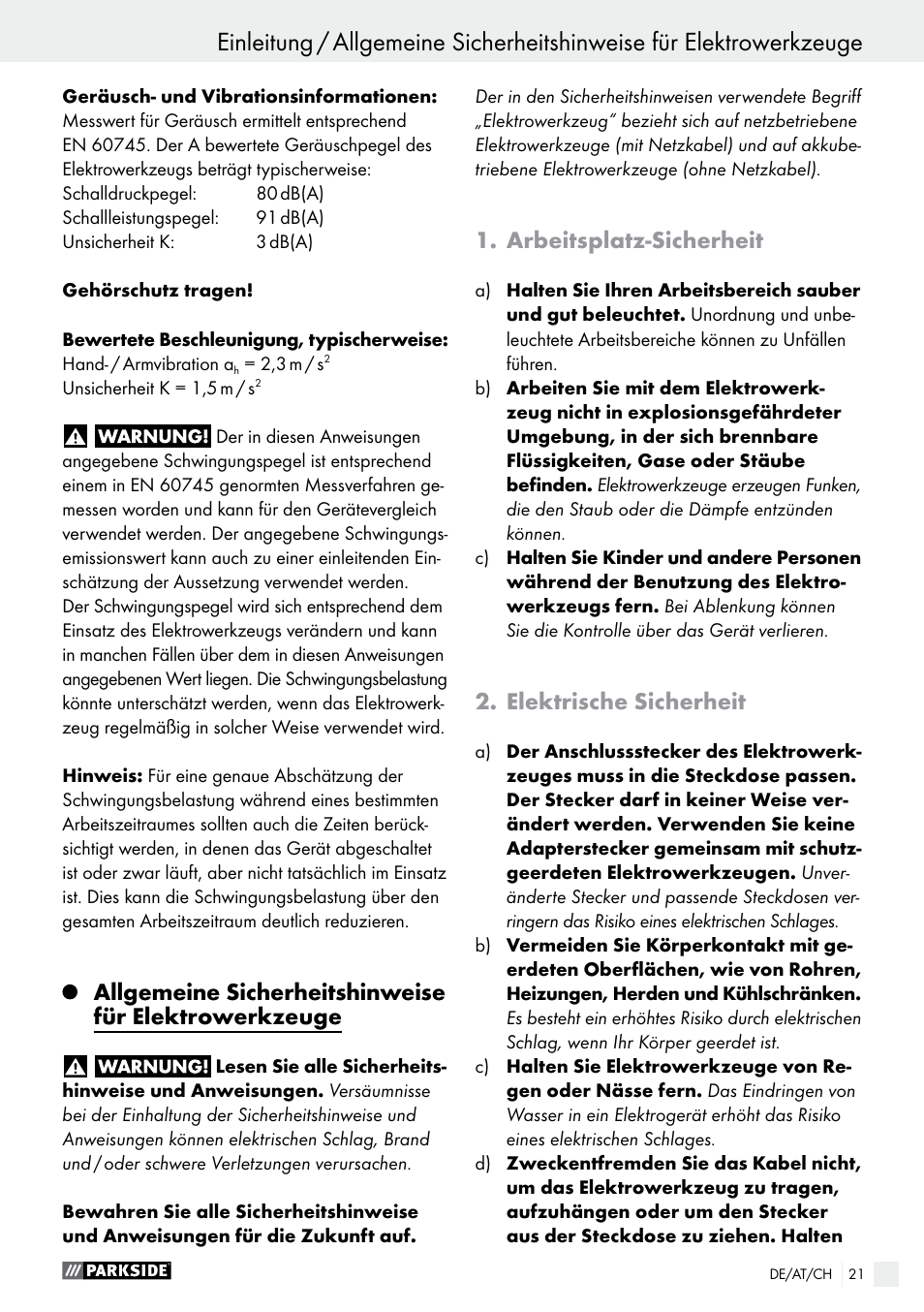 Einleitung, Arbeitsplatz-sicherheit, Elektrische sicherheit | Parkside PFBS 160 A1 User Manual | Page 21 / 45