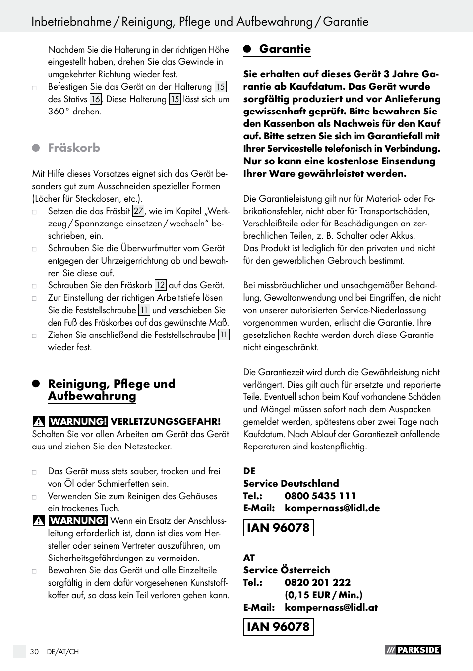 Fräskorb, Reinigung, pflege und aufbewahrung, Garantie | Parkside PFBS 160 A1 User Manual | Page 30 / 45