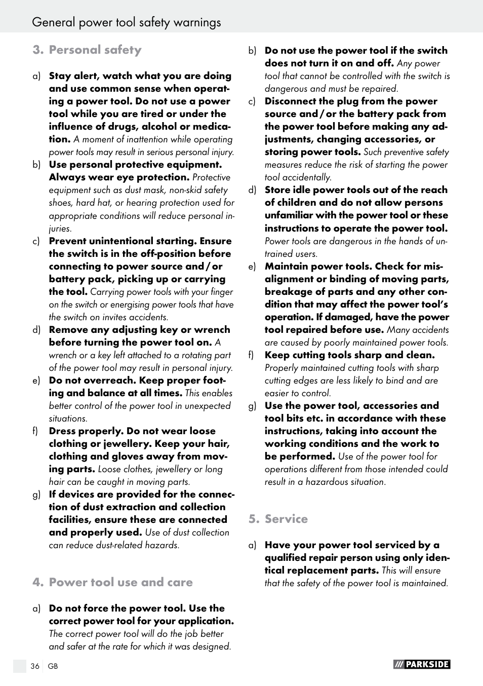 General power tool safety warnings | Parkside PFBS 160 A1 User Manual | Page 36 / 45