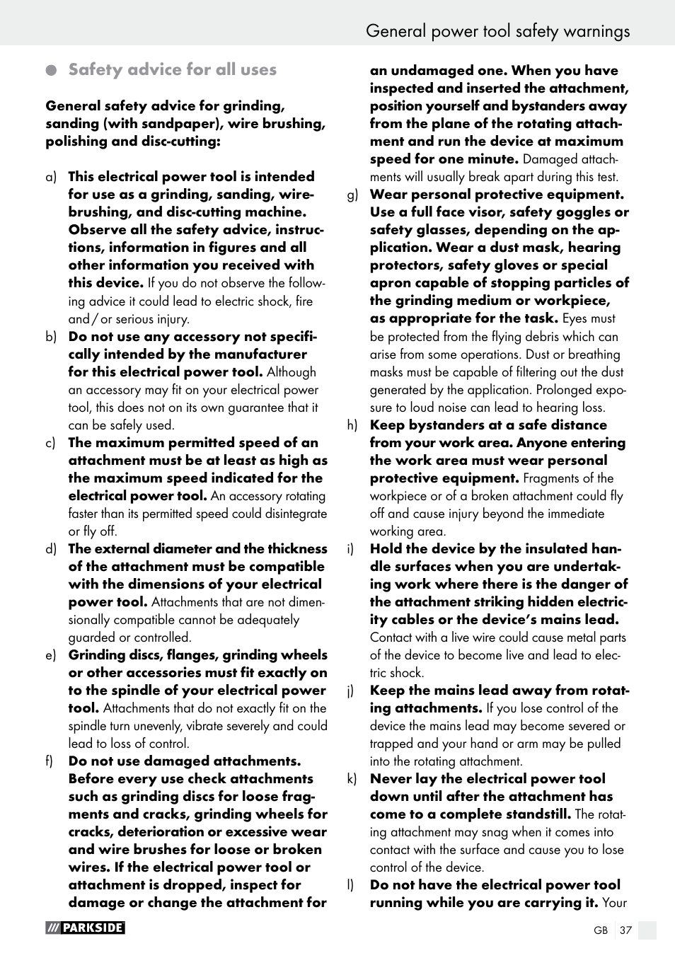 General power tool safety warnings, Safety advice for all uses | Parkside PFBS 160 A1 User Manual | Page 37 / 45
