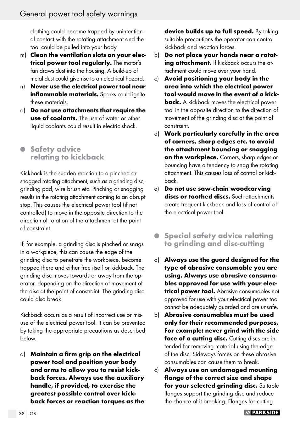 General power tool safety warnings | Parkside PFBS 160 A1 User Manual | Page 38 / 45