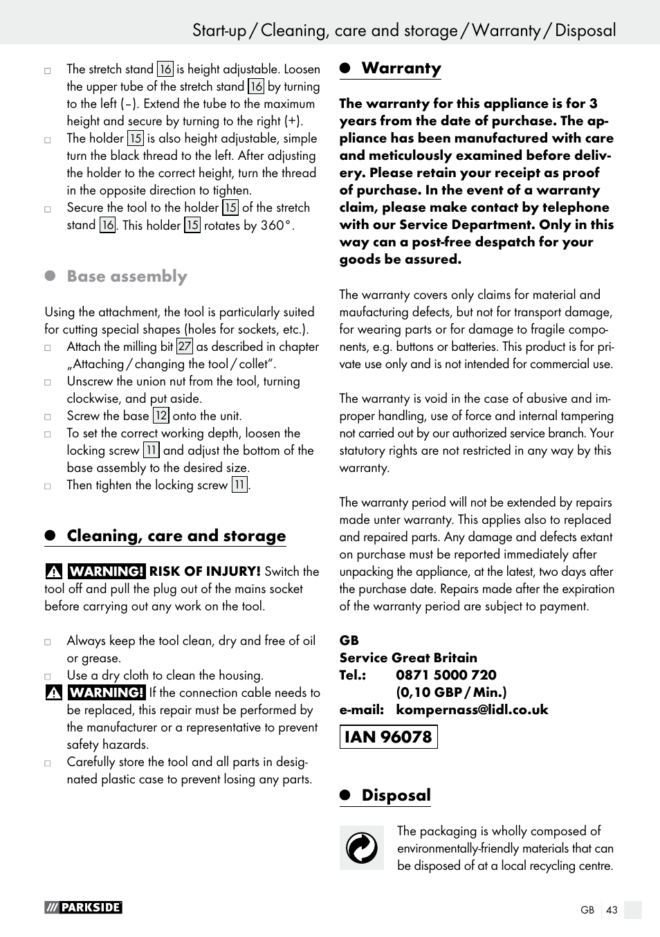 Base assembly, Cleaning, care and storage, Warranty | Disposal | Parkside PFBS 160 A1 User Manual | Page 43 / 45
