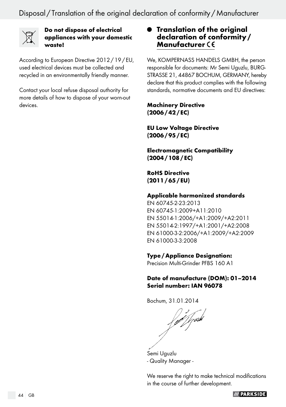 Parkside PFBS 160 A1 User Manual | Page 44 / 45