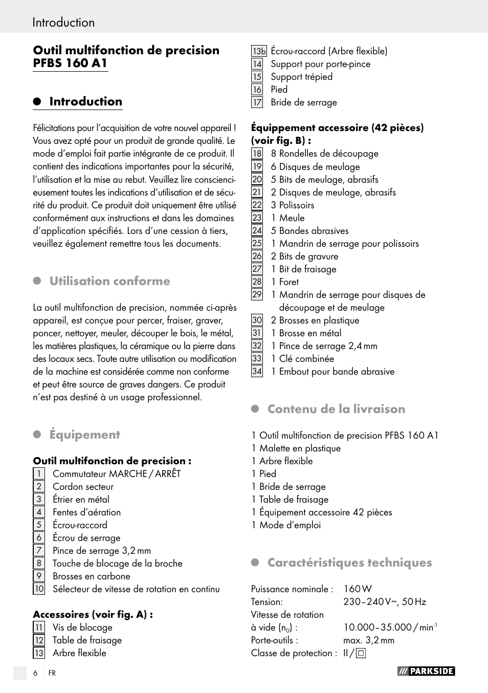 Outil multifonction de precision pfbs 160 a1, Introduction, Utilisation conforme | Équipement, Contenu de la livraison, Caractéristiques techniques | Parkside PFBS 160 A1 User Manual | Page 6 / 45