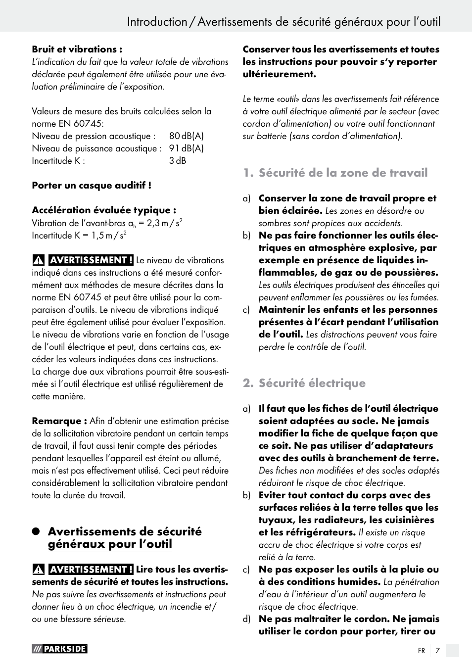 Avertissements de sécurité généraux pour l’outil, Sécurité de la zone de travail, Sécurité électrique | Parkside PFBS 160 A1 User Manual | Page 7 / 45