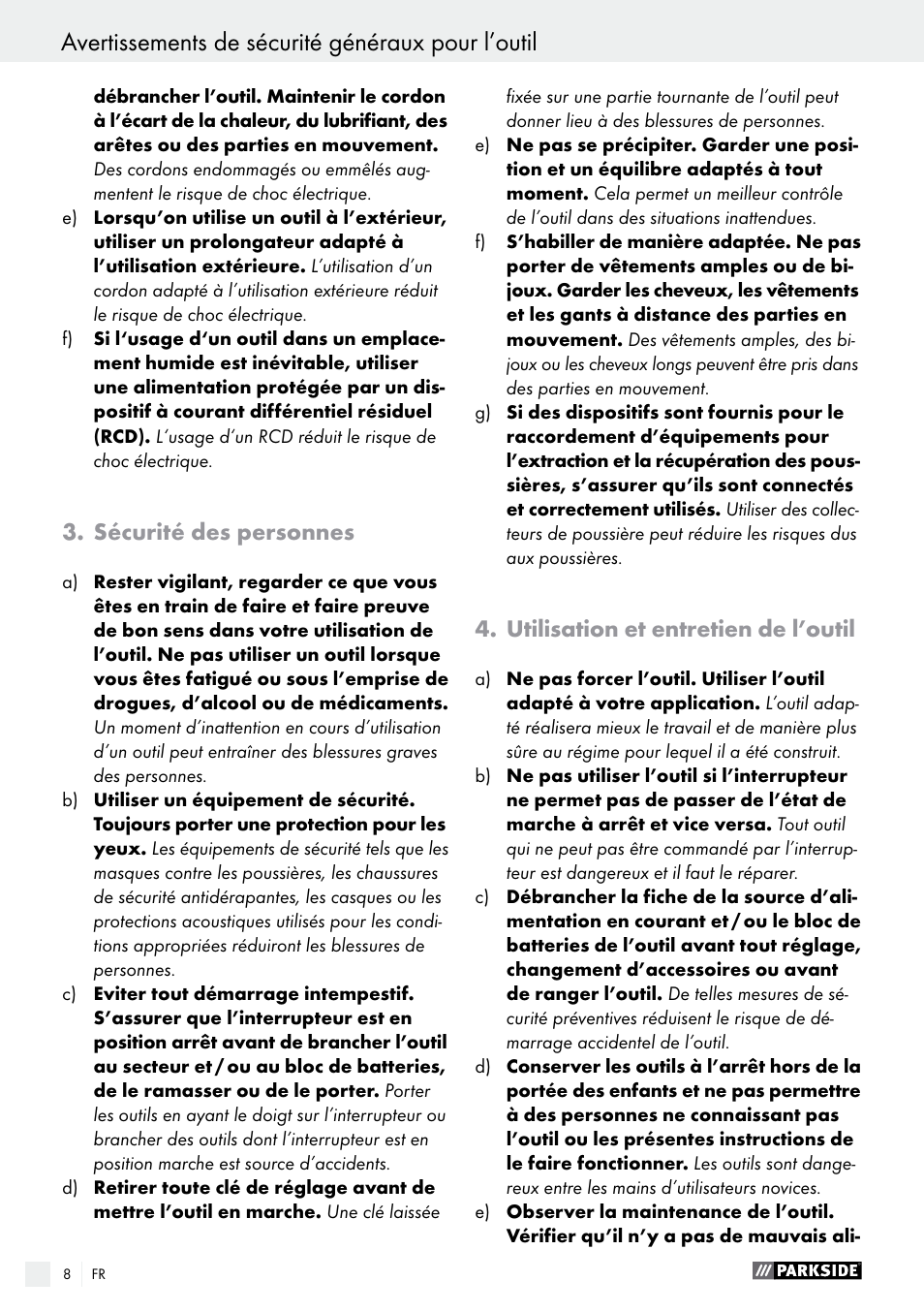Avertissements de sécurité généraux pour l’outil, Sécurité des personnes, Utilisation et entretien de l’outil | Parkside PFBS 160 A1 User Manual | Page 8 / 45