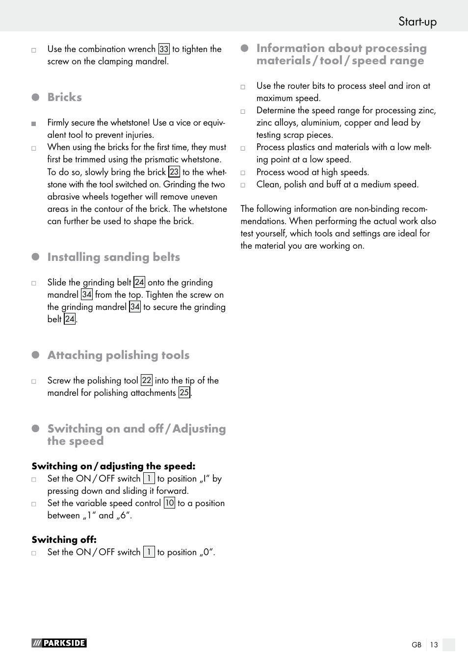Bricks, Installing sanding belts, Attaching polishing tools | Switching on and off / adjusting the speed | Parkside PFBS 160 A1 User Manual | Page 13 / 68
