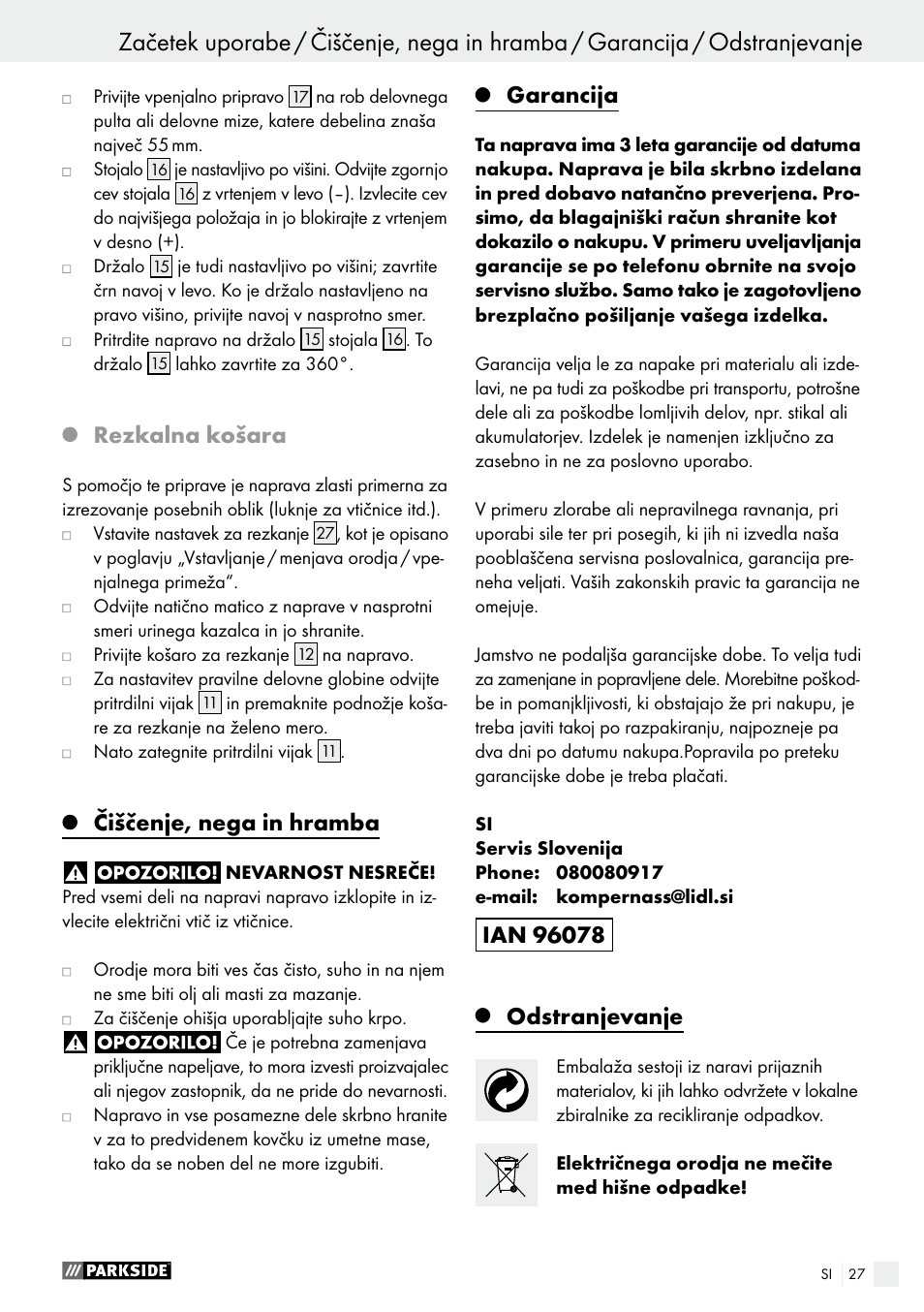 Rezkalna košara, Čiščenje, nega in hramba, Garancija | Odstranjevanje | Parkside PFBS 160 A1 User Manual | Page 27 / 68