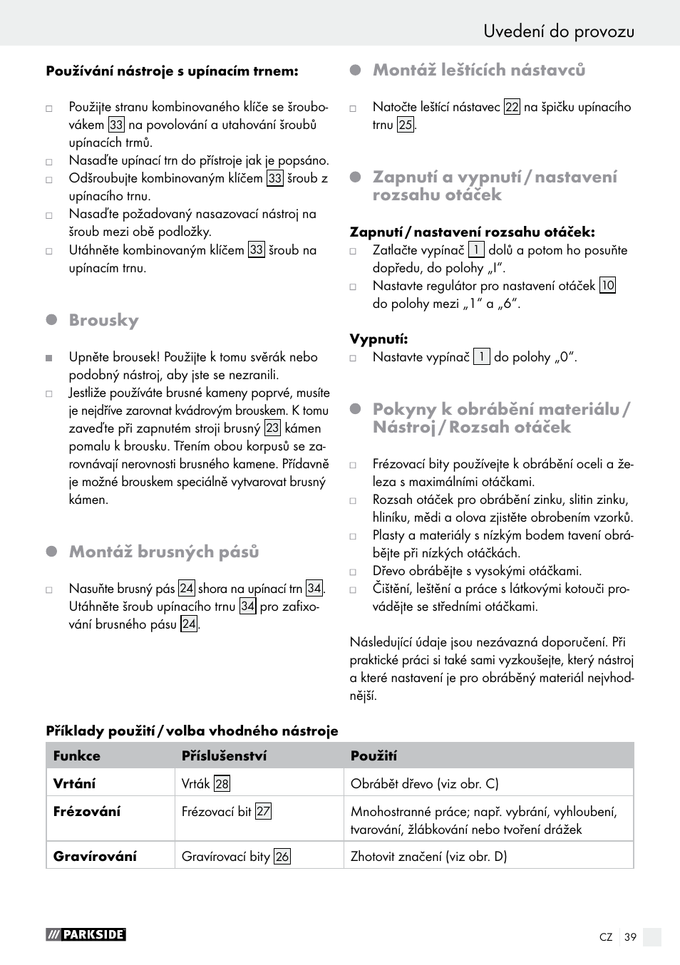 Brousky, Montáž brusných pásů, Montáž leštících nástavců | Zapnutí a vypnutí / nastavení rozsahu otáček | Parkside PFBS 160 A1 User Manual | Page 39 / 68