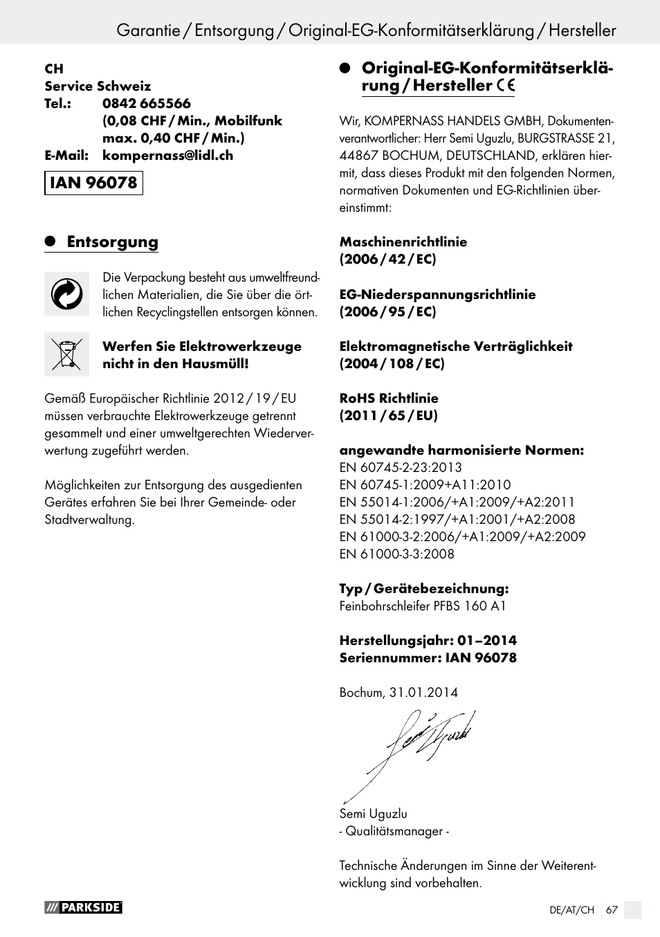 Entsorgung, Original-eg-konformitätserklä- rung / hersteller | Parkside PFBS 160 A1 User Manual | Page 67 / 68