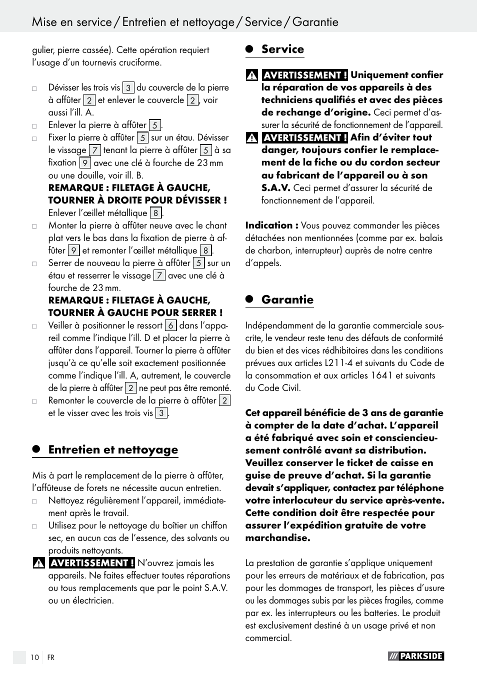 Entretien et nettoyage, Service, Garantie | Parkside PBSG 95 B1 User Manual | Page 10 / 28