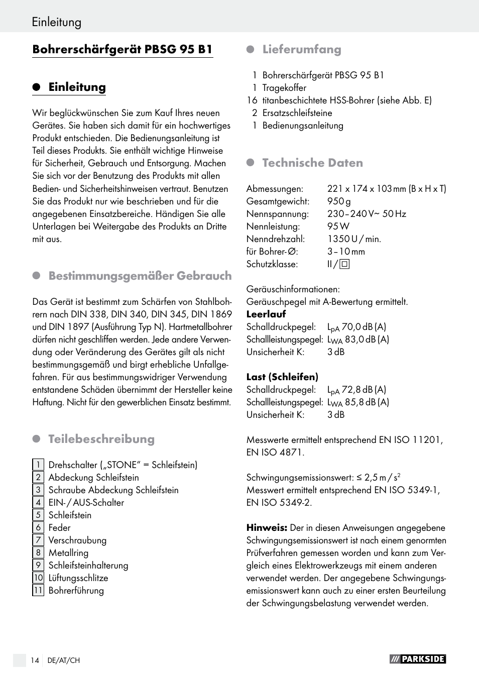 Bohrerschärfgerät pbsg 95 b1 einleitung, Bestimmungsgemäßer gebrauch, Teilebeschreibung | Lieferumfang, Technische daten | Parkside PBSG 95 B1 User Manual | Page 14 / 28