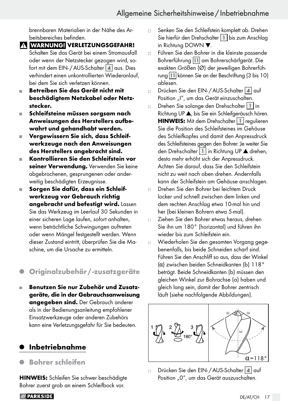 Originalzubehör / ­zusatzgeräte, Inbetriebnahme, Bohrer schleifen | Parkside PBSG 95 B1 User Manual | Page 17 / 28