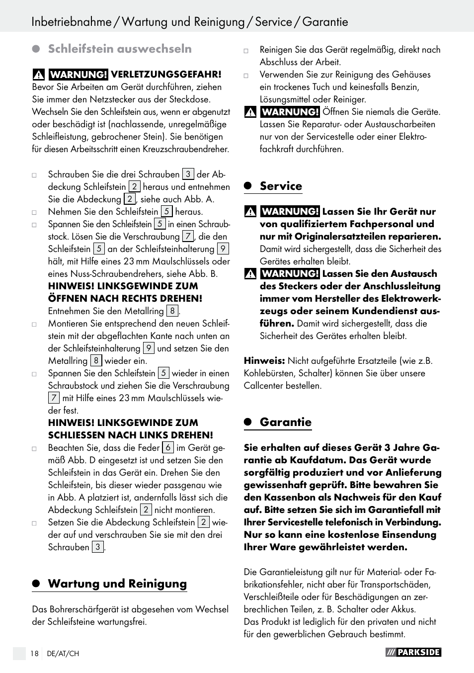 Garantie / entsorgung, Schleifstein auswechseln, Wartung und reinigung | Service, Garantie | Parkside PBSG 95 B1 User Manual | Page 18 / 28